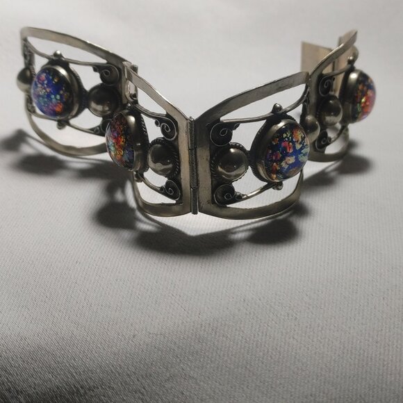 Iridescent Mexican Sterling Silver Bracelet Vintage Art Deco Style Hinge Panels - Picture 3 of 10